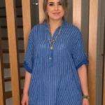 İtalyan Tasarımı %100 Pamuk Çizgili Gömlek Tunik - Saks