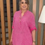 İtalyan Tasarımı %100 Pamuk Çizgili Gömlek Tunik - Fuşya