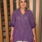 İtalyan Tasarımı %100 Pamuk Çizgili Gömlek Tunik - Mor