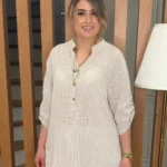 İtalyan Tasarımı %100 Pamuk Çizgili Gömlek Tunik - Bej