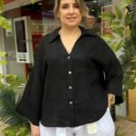 İtalyan Yakalı Salaş Keten Gömlek (38-48 Uyumlu) - Siyah