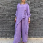 İtalyan Keten Asimetrik Alt Üst Takım 38-50 Uyumlu - Lila