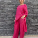 İtalyan Keten Asimetrik Alt Üst Takım 38-50 Uyumlu - Fuşya