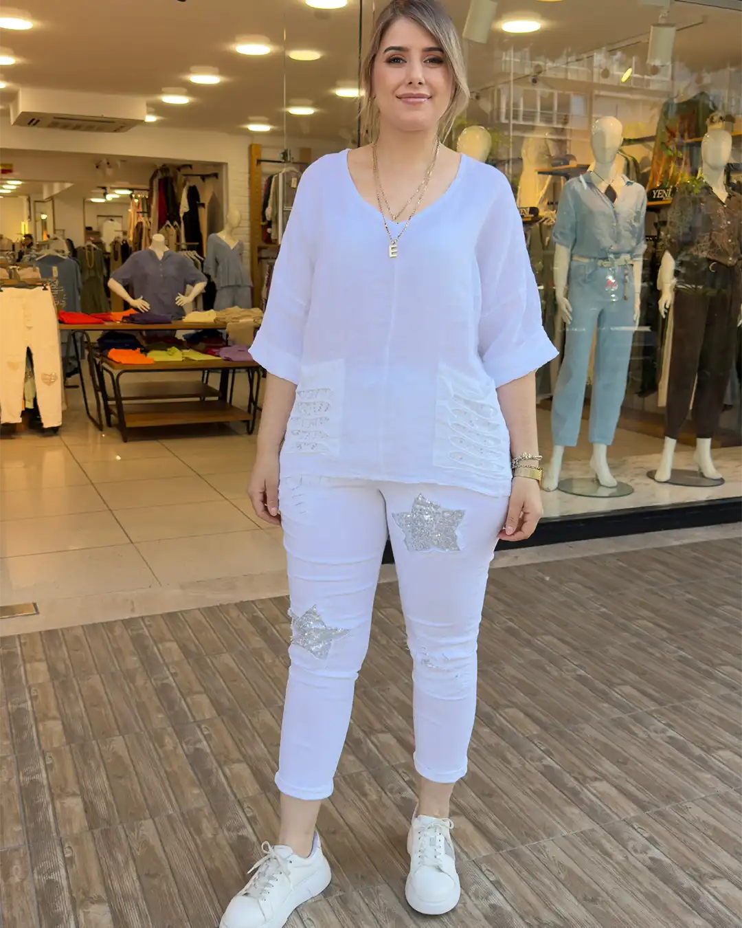 İtalyan Lazer Kesim Cep Detaylı Keten Bluz İtalyan Lazer Kesim Cep Detaylı Keten Bluz - Görsel 2