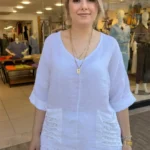 İtalyan Lazer Kesim Cep Detaylı Keten Bluz - Beyaz