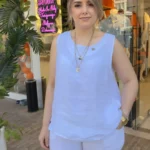 İtalyan Yaka Detaylı Kolsuz Keten Bluz - Beyaz