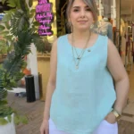 İtalyan Yaka Detaylı Kolsuz Keten Bluz - Mint