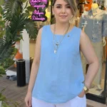 İtalyan Yaka Detaylı Kolsuz Keten Bluz - Buz Mavi