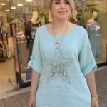 İtalyan Yıldız Pullu Keten Pamuk Bluz - Mint