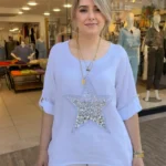 İtalyan Yıldız Pullu Keten Pamuk Bluz - Beyaz