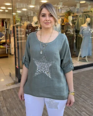 İtalyan Yıldız Pullu Keten Pamuk Bluz