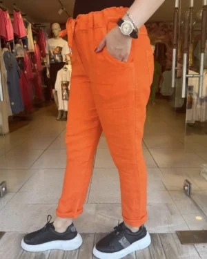 İtalyan Beli Lastikli İpli Keten Pantolon (36-42) Uyumlu