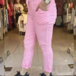 İtalyan Beli Lastikli İpli Keten Pantolon (36-42) Uyumlu - Açık Pembe