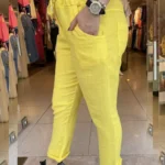 İtalyan Beli Lastikli İpli Keten Pantolon (36-42) Uyumlu - Sarı
