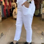 İtalyan Beli Lastikli İpli Keten Pantolon (36-42) Uyumlu - Beyaz