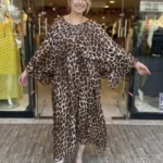 İtalyan Leopar Desenli Beli Lastikli Astarlı İpek Elbise (38-50 Uyumlu) - Leopar
