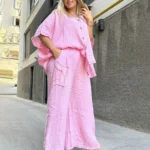 İtalyan Linen Keten Cep Payetli Alt Üst Takım (38-48 Uyumlu) - Açık Pembe