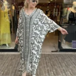 İtalyan Ön Arka V Yaka Desenli Astarlı İpek Elbise (38-50 Uyumlu) - Haki