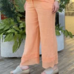 İtalyan Linen Keten File Detaylı Pantolon - Somon