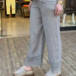 İtalyan Linen Keten File Detaylı Pantolon - Vizon
