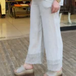 İtalyan Linen Keten File Detaylı Pantolon - Bej