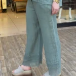 İtalyan Linen Keten File Detaylı Pantolon - Haki