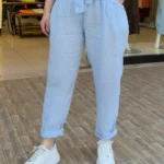 İtalyan Keten Beli Fiyonklu Linen Pantolon - Buz Mavi