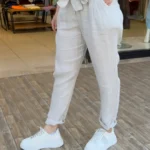 İtalyan Keten Beli Fiyonklu Linen Pantolon - Bej