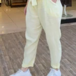 İtalyan Keten Beli Fiyonklu Linen Pantolon - Sarı