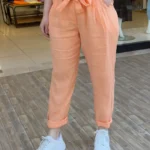 İtalyan Keten Beli Fiyonklu Linen Pantolon - Somon