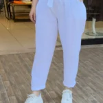 İtalyan Keten Beli Fiyonklu Linen Pantolon - Beyaz