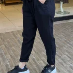 İtalyan Keten Beli Fiyonklu Linen Pantolon - Siyah