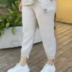 İtalyan Paça Lastikli Cepli Linen Keten Pantolon - Bej