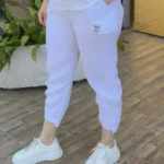 İtalyan Paça Lastikli Cepli Linen Keten Pantolon - Beyaz