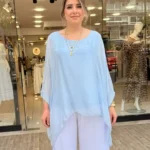 İtalyan Tasarım Salaş İpek Bluz - Buz Mavi