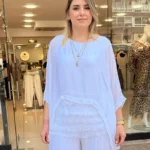 İtalyan Önü Kat Püsküllü Salaş İpek Bluz - Beyaz