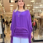 İtalyan Önü Kat Püsküllü Salaş İpek Bluz - Mor