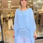 İtalyan Önü Kat Püsküllü Salaş İpek Bluz - Buz Mavi
