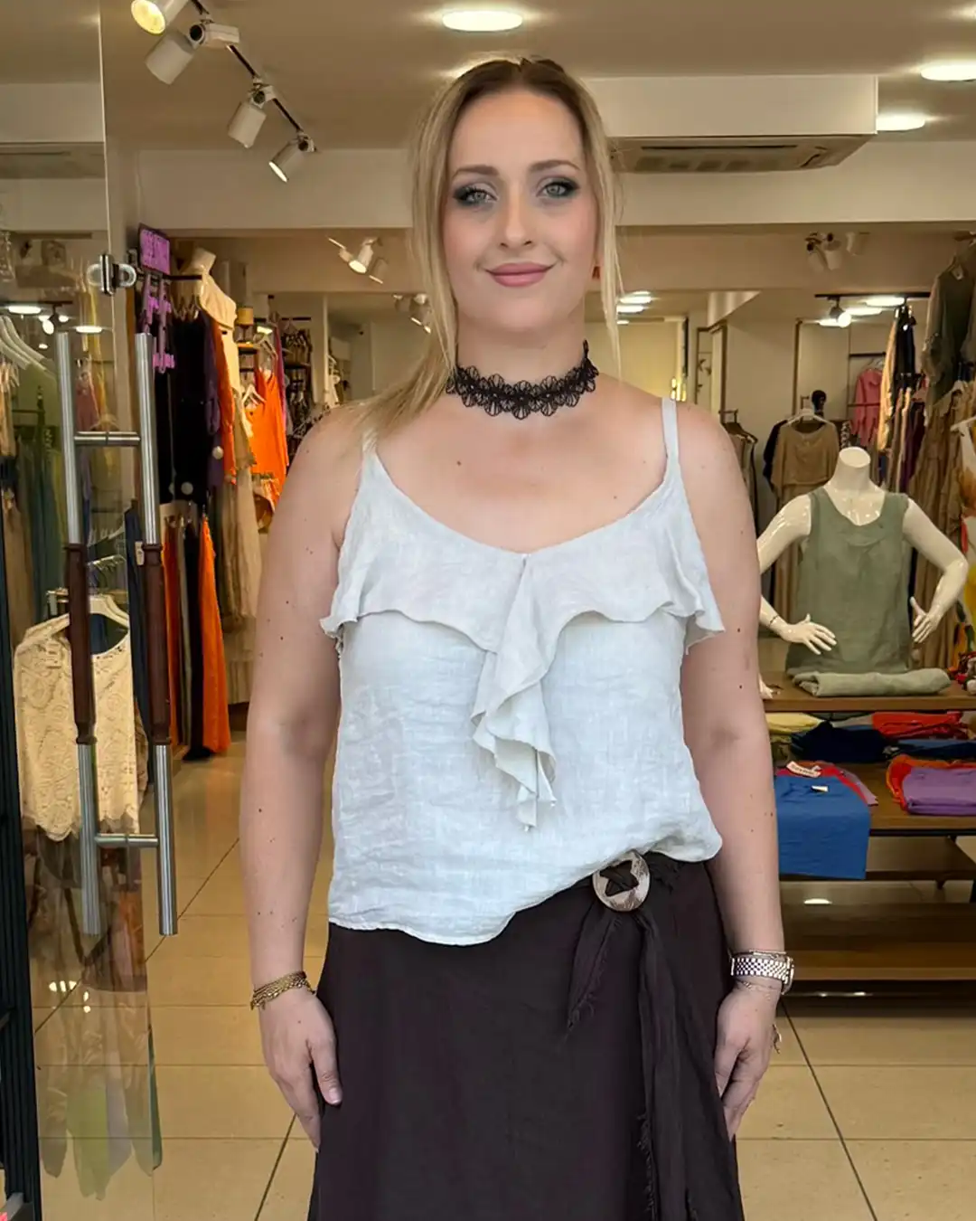 İtalyan Fırfır Detaylı Askılı Keten Bluz