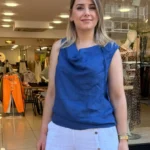 İtalyan Degaje Yaka Kolsuz Keten Bluz - Lacivert