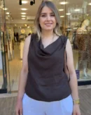 İtalyan Degaje Yaka Bağlamalı Kolsuz Keten Bluz