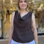 İtalyan Degaje Yaka Bağlamalı Kolsuz Keten Bluz - Kahve
