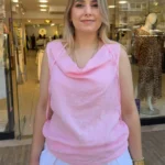 İtalyan Degaje Yaka Bağlamalı Kolsuz Keten Bluz - Pembe