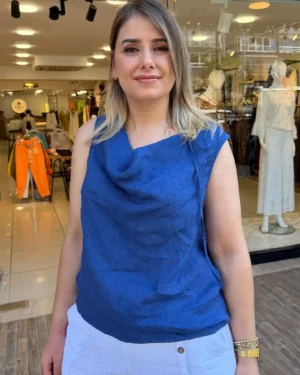 İtalyan Degaje Yaka Kolsuz Keten Bluz