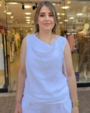 İtalyan Degaje Yaka Bağlamalı Kolsuz Keten Bluz