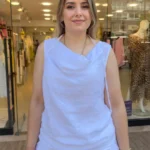 İtalyan Degaje Yaka Bağlamalı Kolsuz Keten Bluz - Beyaz