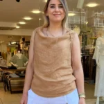 İtalyan Degaje Yaka Kolsuz Keten Bluz - Camel