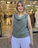 İtalyan Degaje Yaka Bağlamalı Kolsuz Keten Bluz