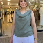 İtalyan Degaje Yaka Bağlamalı Kolsuz Keten Bluz - Haki