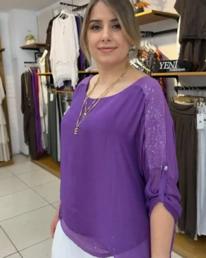 İtalyan Omuz ve Etek Ucu Pul Detaylı İpek Bluz